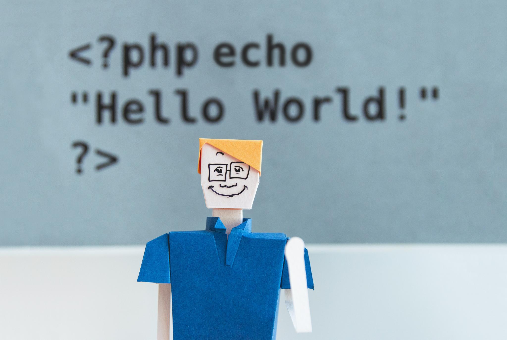 Cartoon man standing in front of PHP code